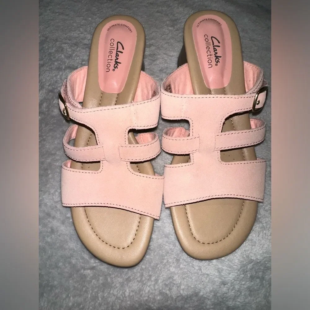Clarks Heeled Slide Sandals Desirae Palm in powder pink  Suede Size 6.5